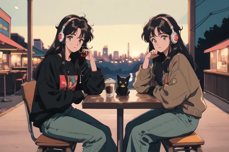 Highest quality, 8k, 1990s style,Hairstyles of the 2010s, 21 year old girl, Black Hair, Long Hair, Light brown eyes, City Pop, pants ,Night view, Wear headphones, whole body, Relax Coffee,table,making,look at me, Black cat