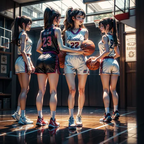 ExtremelyDetailed (((Basketball Team Girls in a row:1.4))), Childish perfect face, Reflective Eyes, Detailed(Delicate Clothing textures), Corrected Leg to Foot Line, Corrected Perfect Hand, Dynamic Joyful Expressions LifeLike Rendering, ((Specular Reflecti...