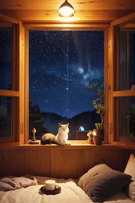 night、In a cozy room、Cute cat listening to music、3D-style animation、Ghibli style、Low-fi、Starry sky from the big windows