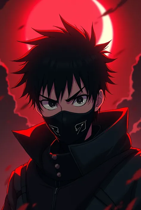 Anime badass boy in
Red dark area
Face mask
Moon in the back