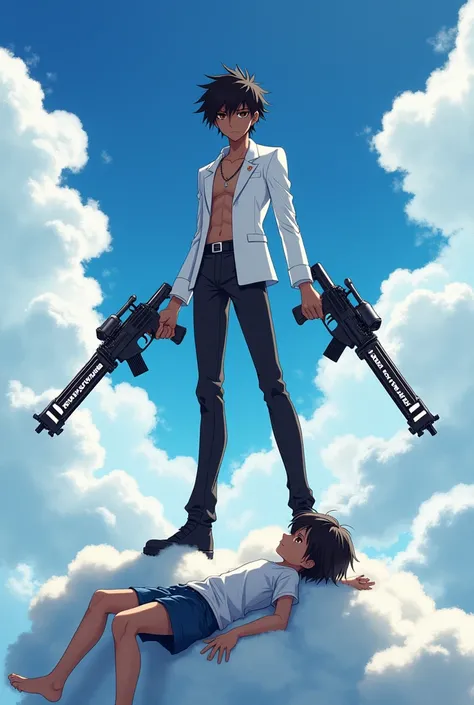 black kid anime kid with guns that have the word Tenjiku slayer while he is sitting on clouds with a anime boy injured while he stands on them  and he has a white suit all black pants and has black skin