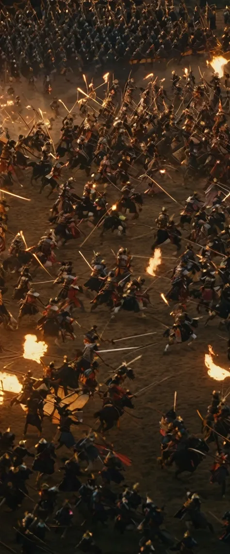 A detailed image of a large-scale battle among Sengoku warlords, fighting during a Sengoku-era battle scene at dusk, taken with a cinematic camera, using portrait with cinematic lighting --ar 9:16 --s 1000 --v 6
