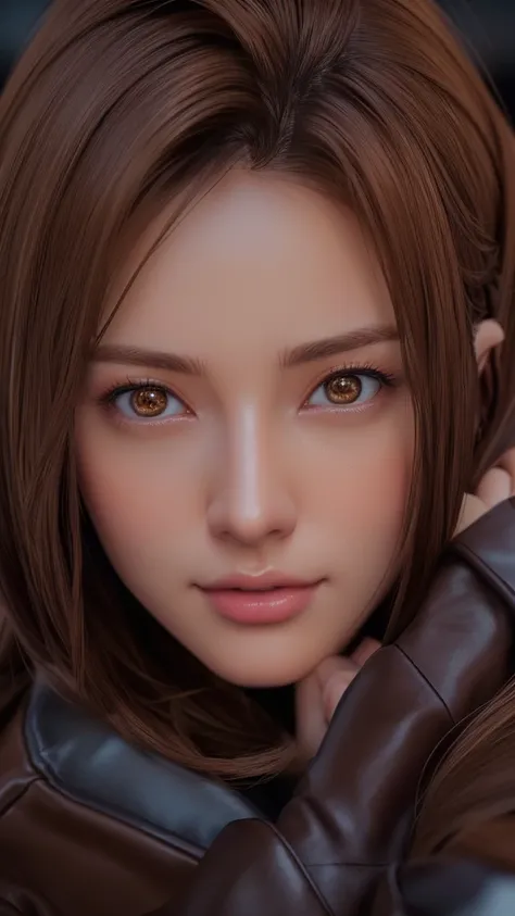 There is a woman with brown hair and a brown jacket, Soft Portrait Shot 8k, 8K Portrait Rendering, Realistic Anime 3D Style, Photorealistic Animation girl render, photoRealistic art style, 8K Art Germany Bokeh, 3D Anime Real, Realistic art style, Photoreal...