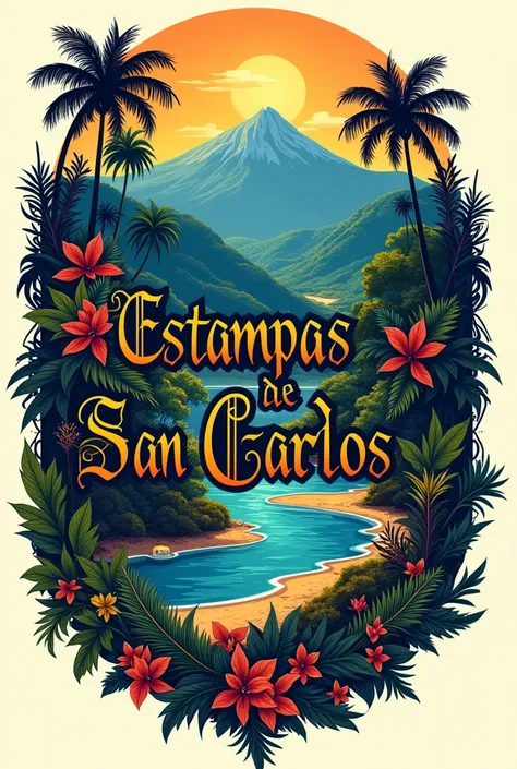 A logo can be used in bright colors with images of Venezuelan landscapes and in the center comes the name Estampas de San Carlos in gothic typography and in black.