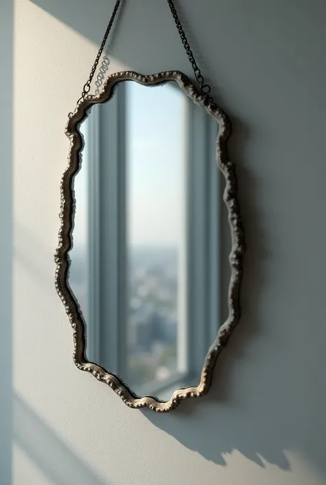 An image can be generated where there is a mirror hanging from a wall with broken edges and in which the interior shows a city with a shade of gray.