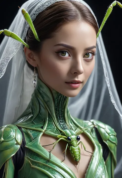 (best quality,4K,8K,high resolution,masterpiece:1.2),Extremely detailed,(Reality,Photo-real:1.37), (A beautiful female ghost，There are compound eyes，Looks like a praying mantis&#39; eyes:1.5), Futuristic, high tech, Natural skin, Emerald green compound eye...