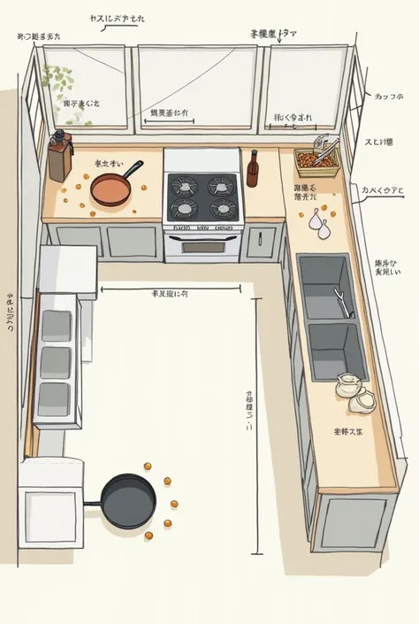 Give me a picture of easy drawing designing a kitchen layout that optimizes the use of tools for efficient egg preparation

Work Triangle: Arrange the stove, sink, and refrigerator in a triangular layout to minimize movement between these key areas.

Prep ...