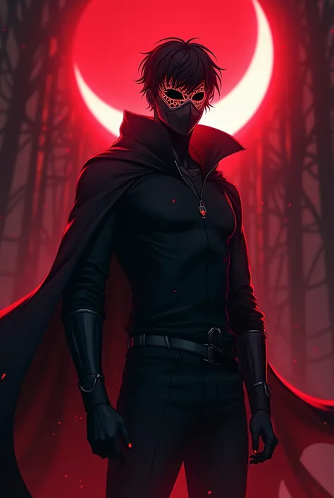 Anime badass boy in
Red dark area
White Full Face mask 
Moon in the back