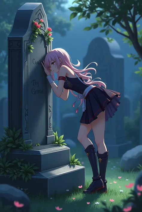 I HAVE A EVERYTHING TO DO, A woman, Genshin Impact character, leaning in the cemetery, she looks sad. The grave belongs to Yip Gaming, Genshin Impact character. genshin impact art.