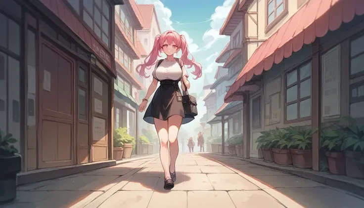 ((masterpiece, highest quality)), Anime, An illustration, The background includes tall buildings, walking, full body , toe, a girl, Big breasts, Pink hair, Twin tails hair, cute smile, black short dress, black shoes, Pink eyes