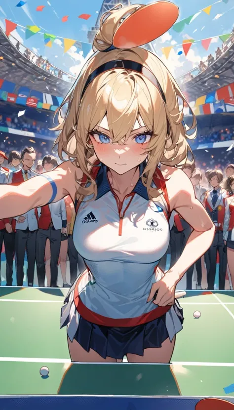 best quality, Good quality, 16K, Unbelievably ridiculous, Very detailed, 2.5D, Delicate and dynamic, Blue sky , pingpong,  Table tennis competition，拿pingpong拍，Tight sportswear，pingpong拍击球，Sweat，Short skirt，Sexy的17岁女孩，挥动pingpong拍，Olympic，Olympic Games unifo...