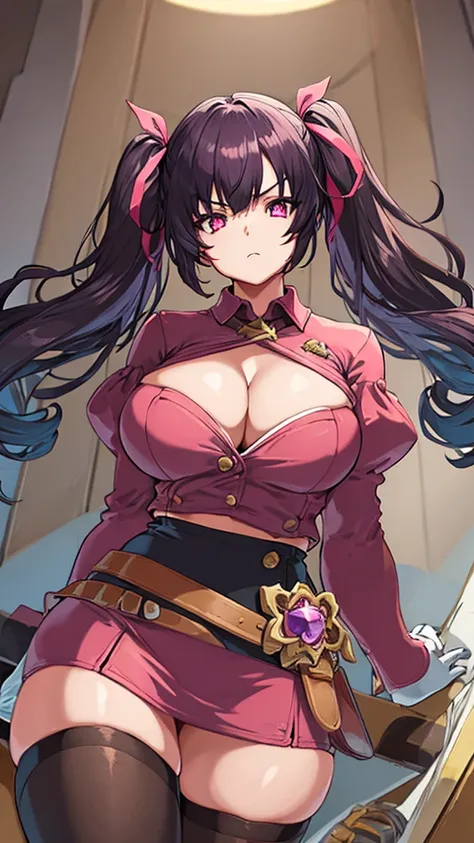 High detailed, masterpiece, High detailed, 1 girl, solo, dark violet hair, large curly twintails, twintails ribbon, pink eyes, big busty, firm chunky body, Red shirt, , deep cleavage, Juliet sleeves, pencil skirt, black thighhighs, white gloves, tall, seri...