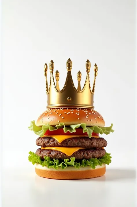 A hamburger with a white background and a crown on it 