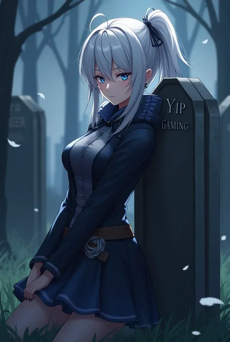 I HAVE A EVERYTHING TO DO, A woman, Genshin Impact character, white hair in a ponytail, blue eyes, leaning in the cemetery, she looks sad. The grave belongs to Yip Gaming, Genshin Impact character. genshin impact art.