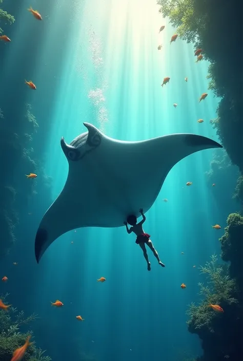 Boy swimming holding on to the back of a manta ray seen from above 