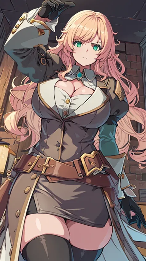 High detailed, masterpiece, High detailed, 1 girl, solo, cyan large spiked wavy hair, Green eyes, big busty, firm chunky body white shirt, , deep cleavage, Juliet sleeves, pencil skirt, black thighhighs, white gloves, tall, serious