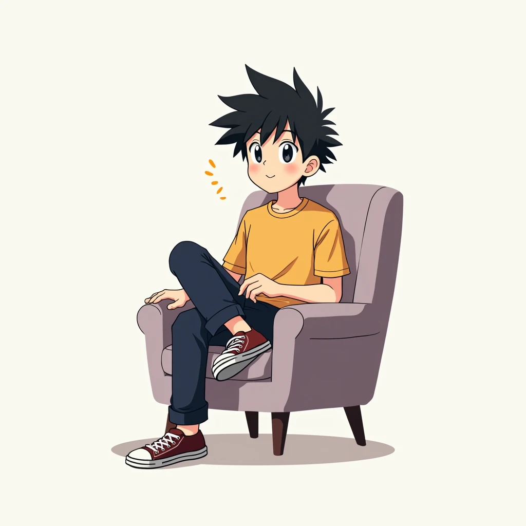 The anime boy could have a relaxed pose, sitting on a chair with one leg crossed over the other.He should be directly facing the camera with a friendly or confident expression.The logo background should be simple to keep the focus on the character and the ...