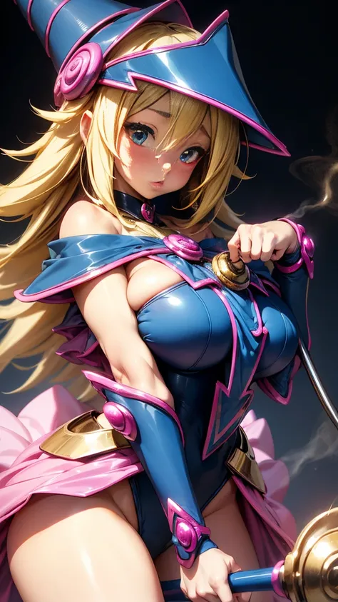 black magician girl、super chestousthick、very blonde hair、magic circle、8k, 4k, of the highest quality, High resolution: 1.2),flicker、an exposed breast、cute anime face、pink blush on the cheeks.、noise removal、Leotard that bites、have a cane、Hold your cane、