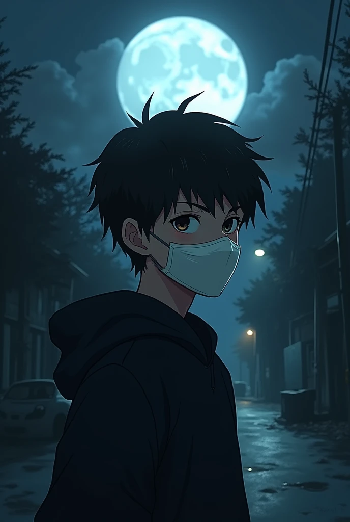 Anime  highschool boy in
dark area in road
White Full Face mask 
Moon in the back
