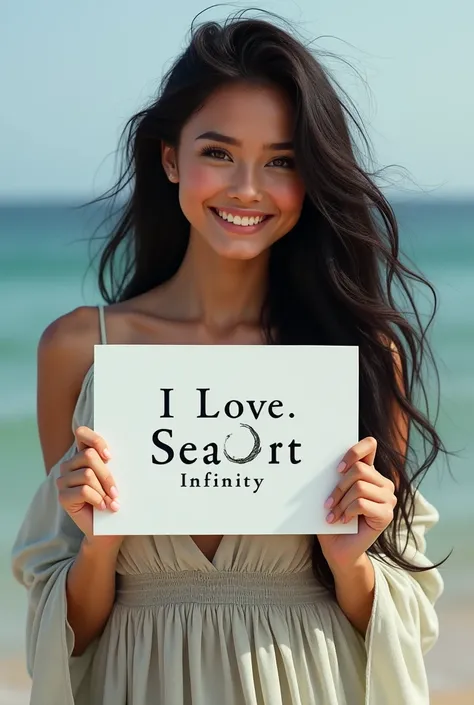 Beautiful girl with wavy long hair, bohemian dress, holding a white board with text "I Love Seaart Infinity" and showing it to the viewer