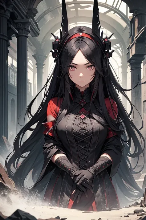 portrait, long hair, black gray hair, crimson eyes, 1girl, head, face, cultivators, absurdres, masterpiece, best quality, cultivators costume, ((female cultivators)), long hair, desolation, ruins, dynamic pose, apocalypse, spellcasting, Style-Glass, full b...