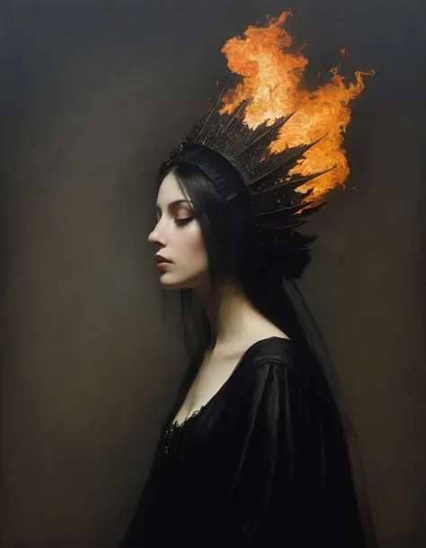 sideview,James Gurney, Surrealist art , dream-like, mysterious, Provocative, symbolic, Complex, detailed,, (Gothic but very beautiful:1.4), (masterpiece, Highest quality:1.4) , Nicola Samori Style, Fire Queen 