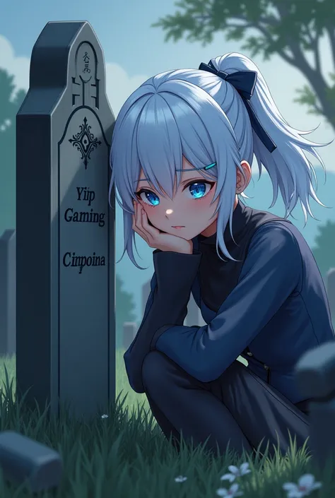 I HAVE A EVERYTHING TO DO, A WOMAN of at least 19 or 20 years old, Genshin Impact character, white hair in a ponytail, blue eyes, leaning in the cemetery, she looks sad. She looks towards the grave. The grave belongs to Yip Gaming, Genshin Impact character...