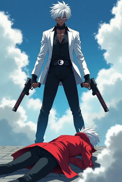 black kid anime kid with guns that have the word Tenjiku slayer while he is sitting on clouds with a anime boy with a red coat with a yin and Yang logo on the floor lifeless while he stands on them and he has a white suit all black pants and has black skin...