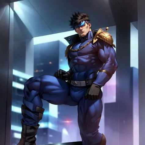 HomelanderComicACC, male superhero, male, 1 male, anime male, a man with black hair, stands tall and imposing, superhero outfit, a futuristic sci-fi style blue winter jacket on top of his bodysuit, a dark blue bodysuit, his face concealed by a falcon conce...