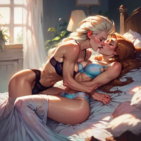 score_9, score_8_up, score_7_up, score_6_up, score_5_up, (high quality, detailed, beautiful), detailed soft lighting, rating_explicit, 2girls, elsa cuddling in bed with Kim Possible, kissing, passionate, wearing cute bras and panties.