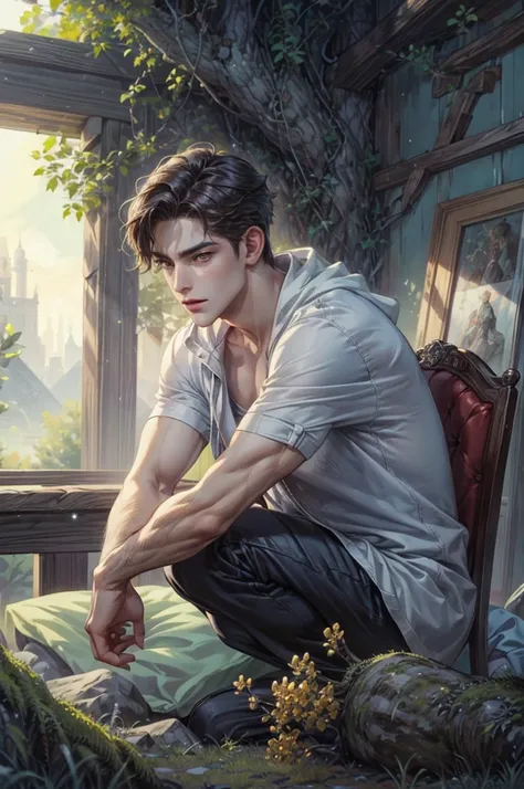 ((Best quality)), ((masterpiece)), (detailed), ((perfect face)), ((halfbody)) handsome face, male, teen boy,  perfect proportions , a character from anime sorcerer hunters, short hair, male version , detailed background, detailed scenery background 