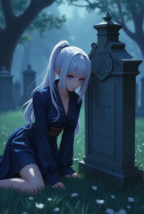 I HAVE A EVERYTHING TO DO, A WOMAN of at least 19 or 20 years old, Genshin Impact character, white hair in a ponytail, blue eyes, leaning in the cemetery, she looks sad. She looks towards the grave. The grave belongs to Yip Gaming, Genshin Impact character...