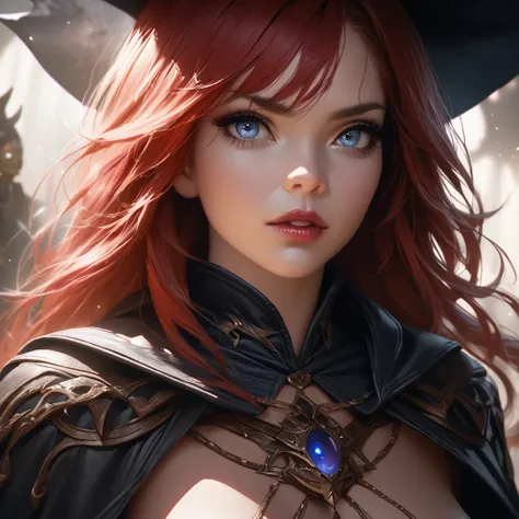 a red-haired witch, beautiful detailed eyes, beautiful detailed lips, extremely detailed eyes and face, long eyelashes, female witch, magic, enchantress, spellcaster, arcane powers, occult, dark fantasy, mysterious, moody lighting, dramatic shadows, cinema...