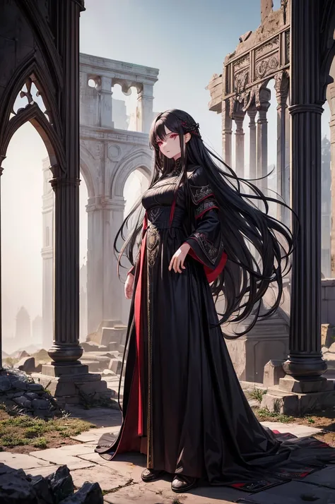 portrait, long hair, black gray hair, crimson eyes, 1girl, head, face, cultivators, absurdres, masterpiece, best quality, cultivators costume, ((female cultivators)), long hairs, desolation, ruins, dynamic pose, apocalypse, spellcasting, Style-Glass, full ...