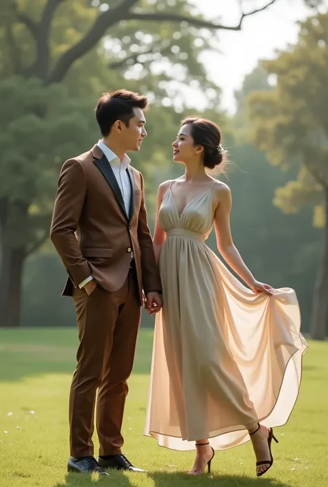 A young realistic couple take prewedding picture in Yamashita Park.  The groom is 1.80m high in his brown suit, the bride is 1.58m high in her long and loose midi dress and her hair made as a bun. The picture is taken by telecamera with broaden and simple ...