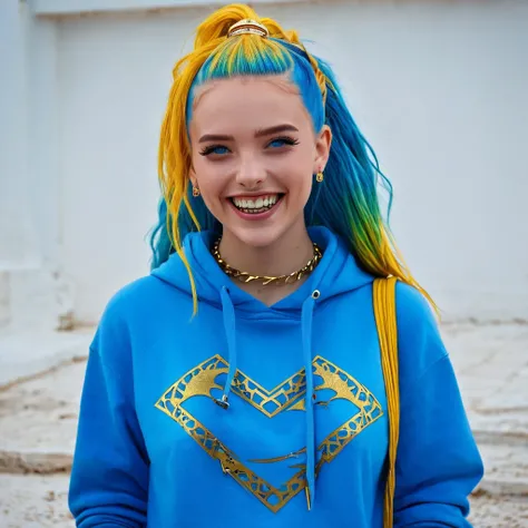 (masterpiece, best quality),  intricate details,, 1girl,     Gura, multicolored hair, blue eyes, shark hair ornament, gold hair ornament, gold choker, gold bracelet, sharp teeth, grin, blue hoodie,,  greek clothes, peplos,