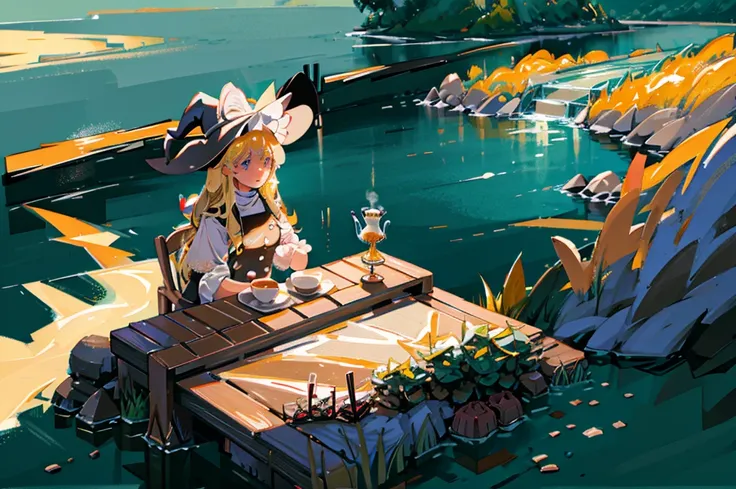 A blonde girl is sitting next to the coffee table，With a black witch hat，The background is by the river，Holding a ceramic teacup in hand，Steam rising from the teacup