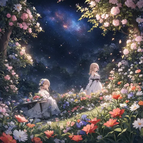 คุณpicturehighสุด, high_resolution, different_picture, Detailed background, girl, flower, garden, starry sky,