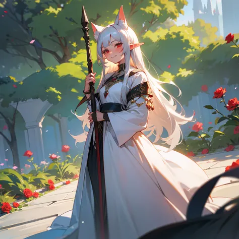 A mature woman,long silver hair with straight bangs,red eye,elf ear,Wearing a long dress and holding a fancy holy stick,smiling and blushing to camera,roses petal around her,scenery is at the Royal Garden behind her