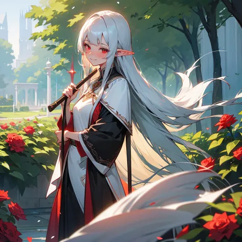 A mature woman,long silver hair with straight bangs,red eye,elf ear,Wearing a long dress and holding a fancy holy stick,smiling and blushing to camera,roses petal around her,scenery is at the Royal Garden behind her