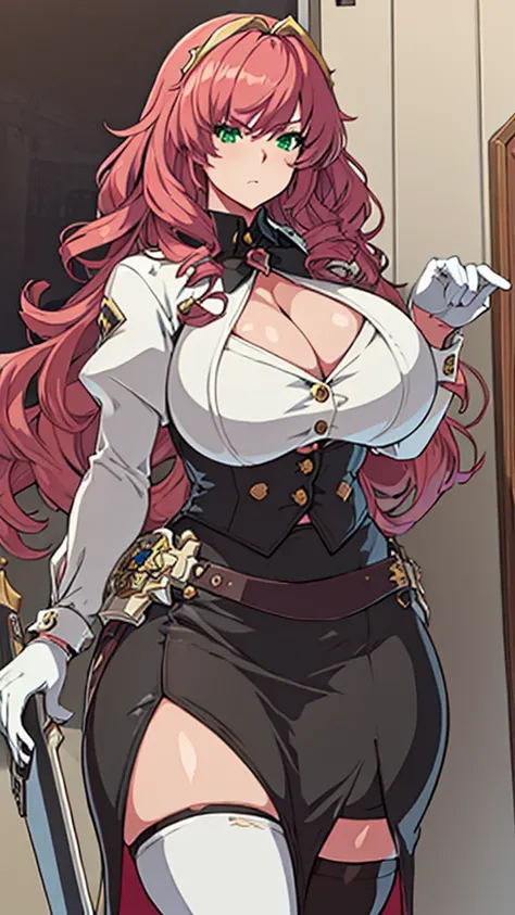 High detailed, masterpiece, High detailed, 1 girl, solo, carmine large spiked wavy hair, Green eyes, big busty, firm chunky body white shirt, , deep cleavage, Juliet sleeves, pencil skirt, black thighhighs, white gloves, tall, serious