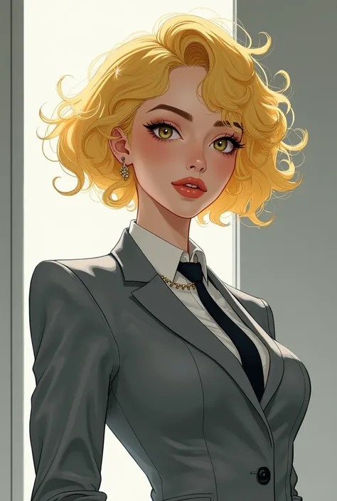 Brunette woman in grey office suit, Short curly hair dyed blonde manga style