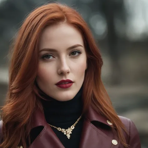 portrait девушки, RAW photo, (24yo Красныйhead girl:1.2), (Beautiful,breathtaking,fabulous,well done,breathtaking) red hair!!! shoulder length, Hair combed back, bright skin, Brown eyes, Oval face, burgundy lipstick, black eyeliner, gold necklace, realisti...