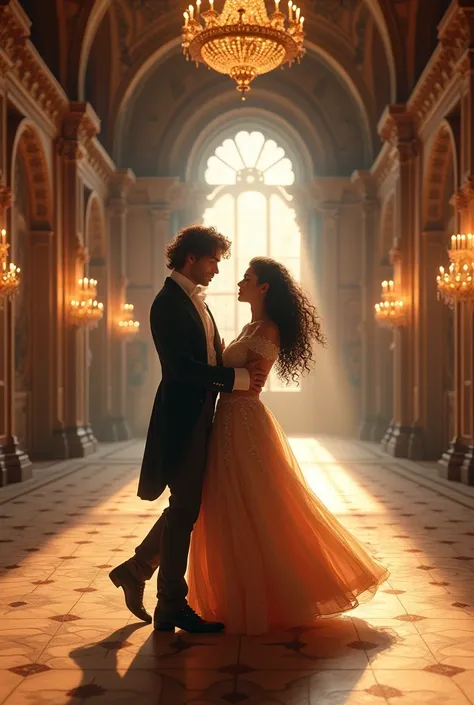 Dancing in a castle, a gentleman of 1.80 tall curly hair and pearly white complexion , with a princess with beautiful black curly hair, light brown complexion 