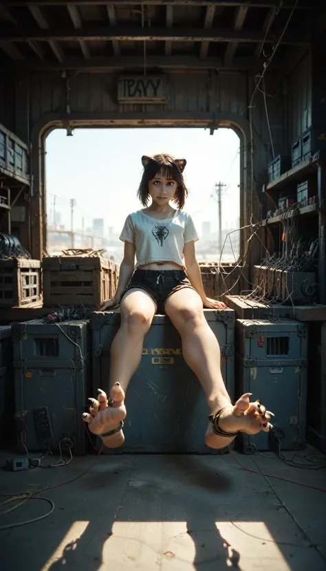 （Female robotic tiger), Solitary,, Detailed fur texture, (Cyberpunk), (Wear black short sleeves and black shorts), ,Feet are claws wearing beach sandals,Metal body，Wires and cables that connect the header and body，Mechanical limbs，Trunk wires and cables，Me...