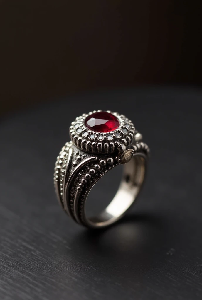 a silver ring with a small red jewel