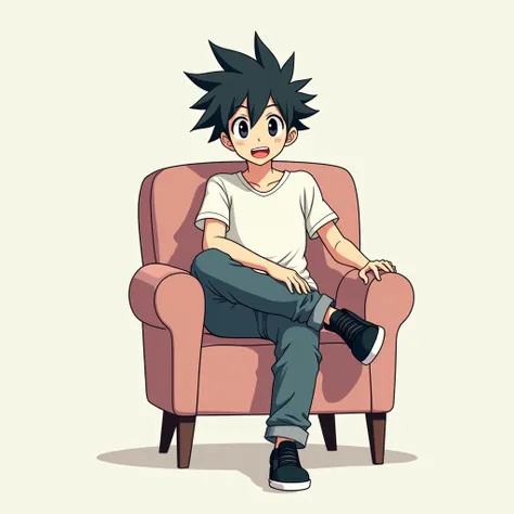 The anime boy could have a relaxed pose, sitting on a chair with one leg crossed over the other.He should be directly facing the camera with a friendly or confident expression.The logo background should be simple to keep the focus on the character and the ...