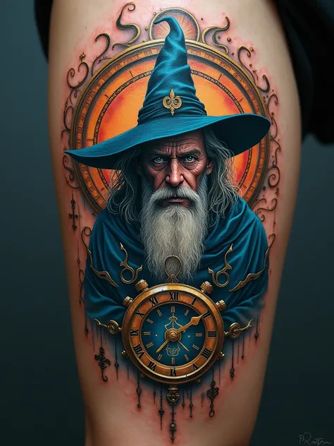 Create wizard tattoo design with clock behind 4k