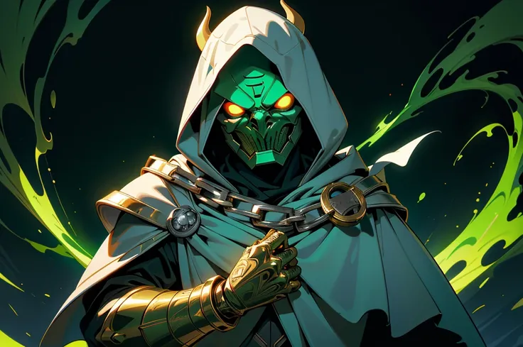 (masterpiece:1.2, best quality:1.2), ((masterpiece)), (((best quality))), ((ultra-detailed)), ((illustration)), (1man, male, solo), (doctor doom, green hood, cloak, chains, yellow glowing eyes), silver metal mask, white markings, full gray suit, broad shou...