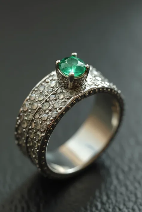 a silver ring with a small green jewel